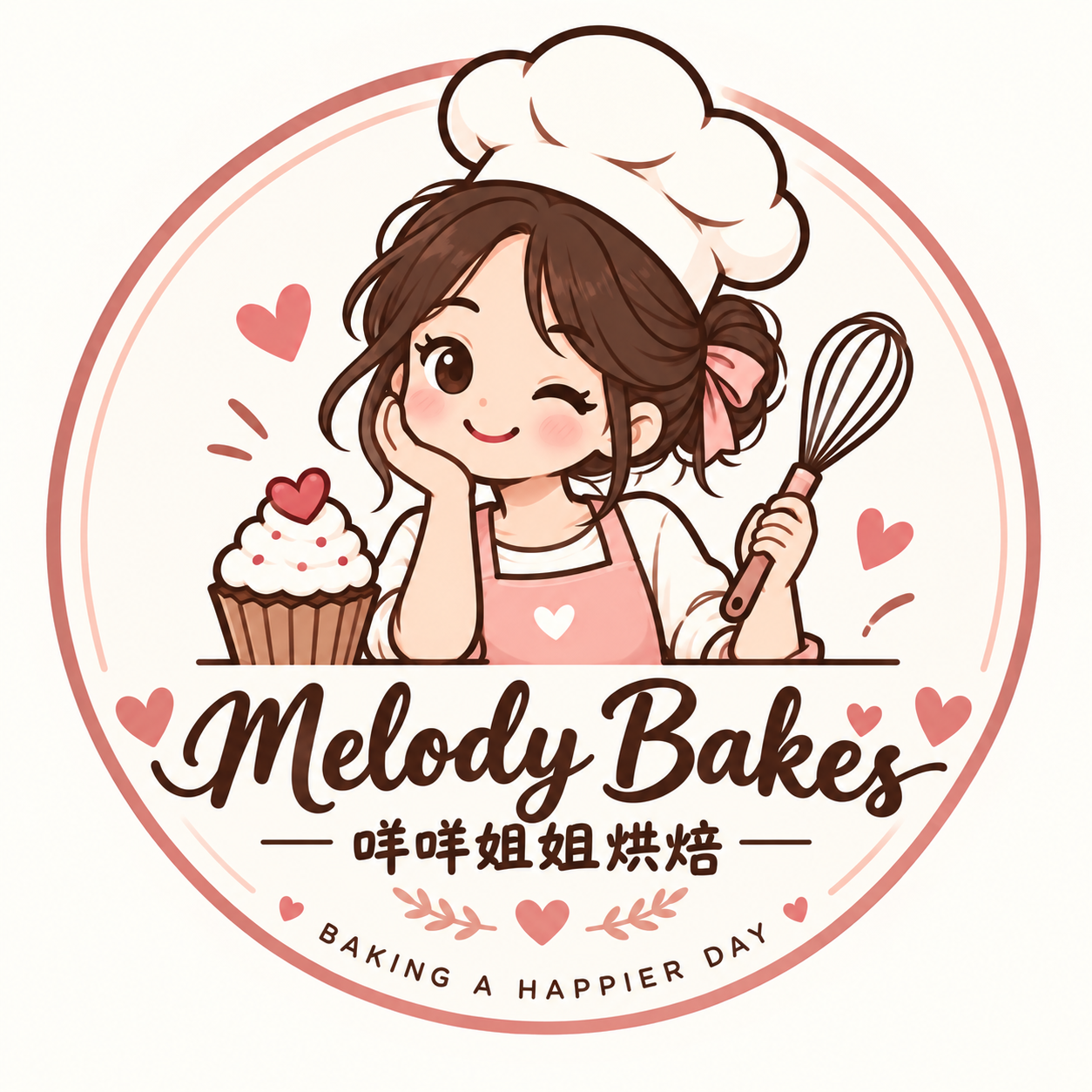 Melody Bakes logo: a smiling baker in a pink apron with a whisk and cupcake
